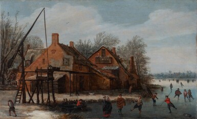 Winter landscape with skaters