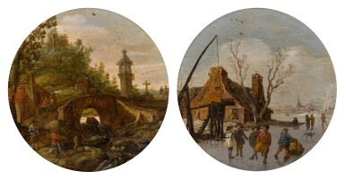 Summer landscape with a bridge and figures; Winter landscape with skaters