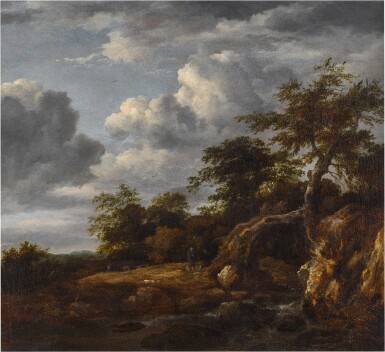 Wooded landscape with an oak growing over a stream