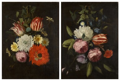 Still life swag with tulips and a large poppy, hanging from a nail; and Still life swag with a tulip and roses, hanging from a nail