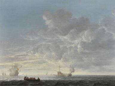 A herring fleet with a man-o'-war offshore in a light chop and gentle breeze