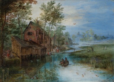 Jan Brueghel the Elder, Landscape with a rowing boat beside riverside cottages 《風景：河面小舟與河邊小屋》
