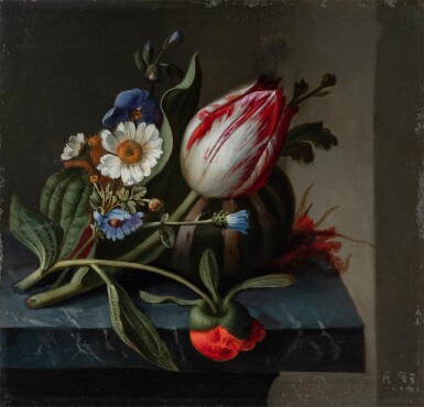 Rachel Ruysch, Still life of a tulip and other flowers with a melon upon a ledge《靜物：臺上的一枝鬱金香、鮮花與瓜》