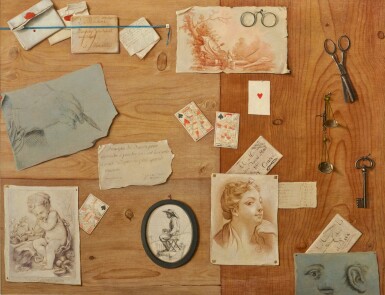 Trompe L'œil of Playing Cards, Keys, Scissors, and Various Drawings