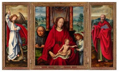 Triptych: Madonna and Child with Saint Joseph and an Angel (center); Archangel Michael (left); Saint Bartholomew (right)
