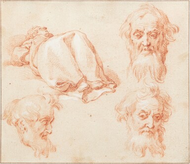 A Reclining young man and three studies of old mens' heads | Jeune homme allongé et trois études de têtes de vieux hommes