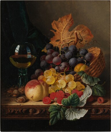 Still Life with Grapes, Peach, Wine Glass, Raspberries and a Leaf