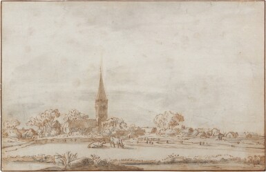 Rural landscape with two cows before a church, possibly Diemen
