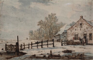 Winter landscape with a farm by a river