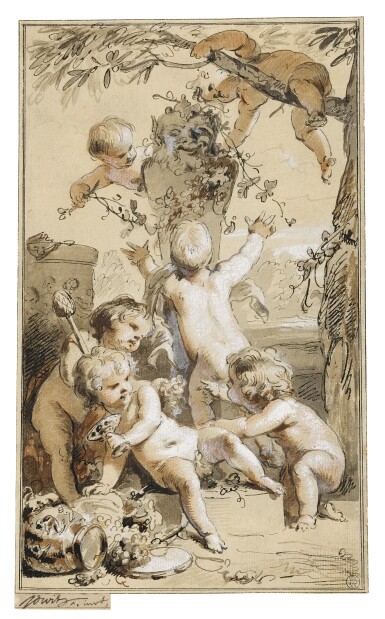 Putti playing around a herm