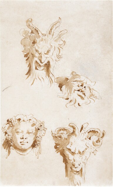 A sheet of studies of three heads of satyrs and the head of a Bacchus