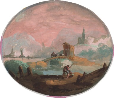 Pair of oval capriccio landscapes with figures by a lake, one with a bridge and buildings, the other with straw huts near the shore and both with boats