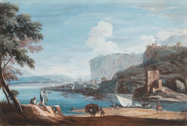A landscape with an estuary and a fishing boat, buildings and a fortified castle to the right, figures in the foreground | Vue animée d'un estuaire avec un bateau de pêche et un village fortifié
