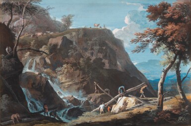 A mountainous landscape with a cascade and figures |  Paysage montagneux avec une cascade