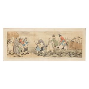 James Gillray (British, 1756-1815) The landing of Sir John Bull & his family, at Boulogne sur Mer Etching and aquatint with hand-colouring, 1792, on wove paper, published by Hannah Humphrey, London, with margins, unframedPlate 255 x 690mm (10 x 27 1/8in)