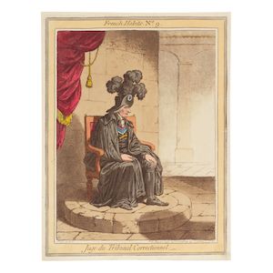James Gillray (British, 1756-1815) French Habits The rare complete set of twelve etchings with hand-colouring, 1798, on wove paper, published by Hannah Humphrey, London, some trimmed to or just outside the platemarks, some with margins, unframedPlate 268 x 195mm (10 1/2 x 7 5/8in)(and similar)(12)