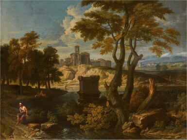 An Italianate landscape with an ancient sarcophagus and figures by a riverbank, a town in the distance