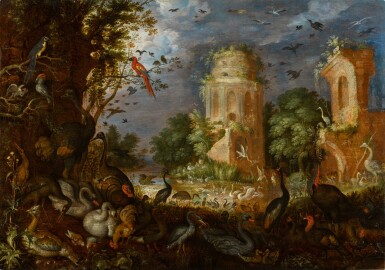 Landscape with ruins and a variety of birds
