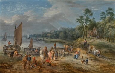 A river landscape with villagers unloading their boats by the shore