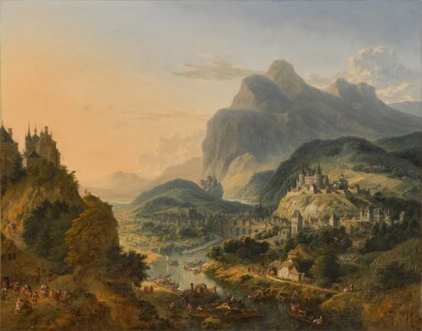A mountainous Rhenish river landscape with barges, peasants, and a city, set at the foot of a hill-top castle