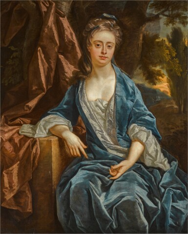 Portrait of a lady, three-quarter-length, in a blue and grey dress, with a blue and gold ribbon in her hair, seated in a landscape