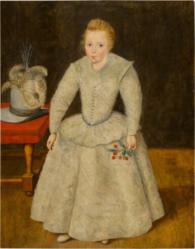 Portrait of a boy, probably of the Filmer Family, in his robes of infancy holding a sprig of cherries