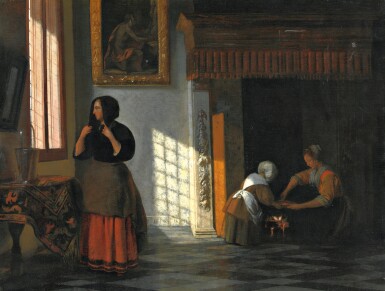 Interior with a woman preparing to depart, two servants by a fire