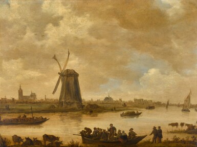 A view of The Hague from the south-east, seen from across a canal, with a trekschuit to the left, a windmill in the centre, and a merry company in a rowingboat in the foreground