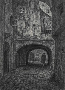 Im Durchgang (Originalentwurf zu "Das grüne Gesicht" von G. Meyrink, Verlag G. Müller, 1917)