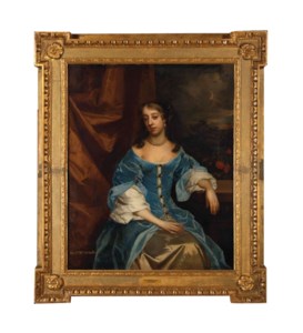 Portrait of the Hon. Mrs Grimston, Afterwards Lady Elizabeth Grimston, in a blue dress, resting her left arm on a pedestal