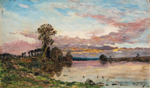 A washerwoman on the banks of a river at dusk
