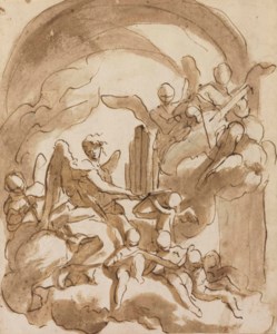 Angels and putti making music in the clouds
