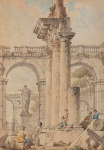 An architectural capriccio with figures among classical ruins, broken columns and pediments