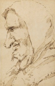 Head of a man with growths on his neck, in profile to the left