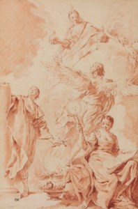 Design for a frontispiece: Allegorical figures of Constancy, Philosophy and Truth, with a winged genius