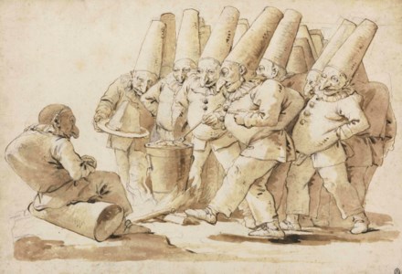 Giovanni Battista Tiepolo, Punchinelli preparing a meal of gnocchi and parmesan cheese