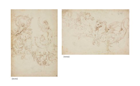 Studies of grotesques ( recto ), studies of two winged horses ( verso )