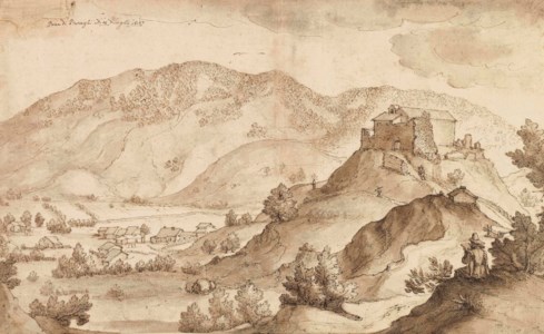 View of the countryside around the village of Pratieghi, with an artist sketching in the foreground