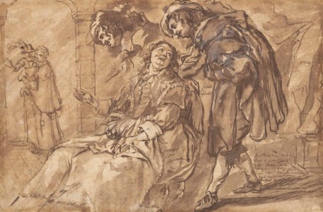 A lady and a cavalier in an interior, with a woman holding a child beyond
