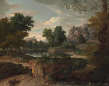 Two figures on a path in a wooded classical landscape, buildings and a pool of water beyond