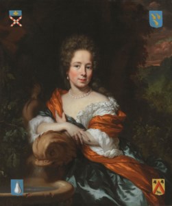 Portrait of Catrina Pels, three-quarter-length, in a red dress next to a fountain