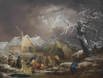 A winter landscape with figures skating and a man falling on a frozen waterway