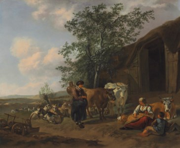 An Italianate landscape with peasants outside a barn