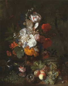 A still life with flowers and fruits with a bird's nest and eggs