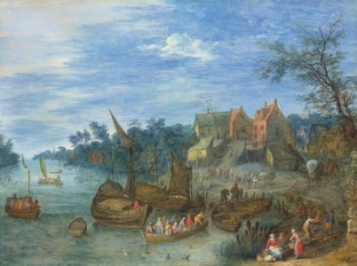 A river landscape with boats by a village