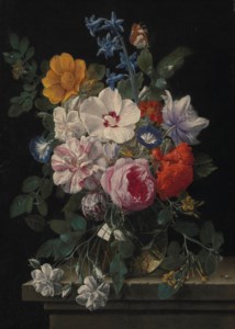 Flowers in a glass vase with a butterfly and beetle on a stone ledge