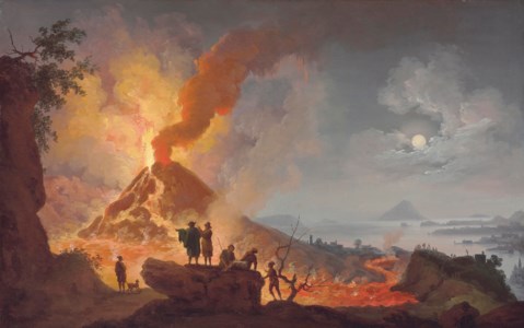 Mount Vesuvius erupting by night seen from the Atrio del Cavallo with spectators in the foreground, a panoramic view of the city and the Bay of Naples beyond