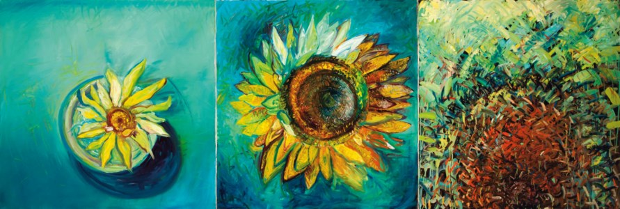 Sunflowers with Blue Blackground - a triptych