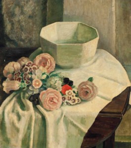 Still life of mixed flowers and a white bowl
