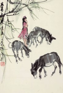 Girl and Donkeys